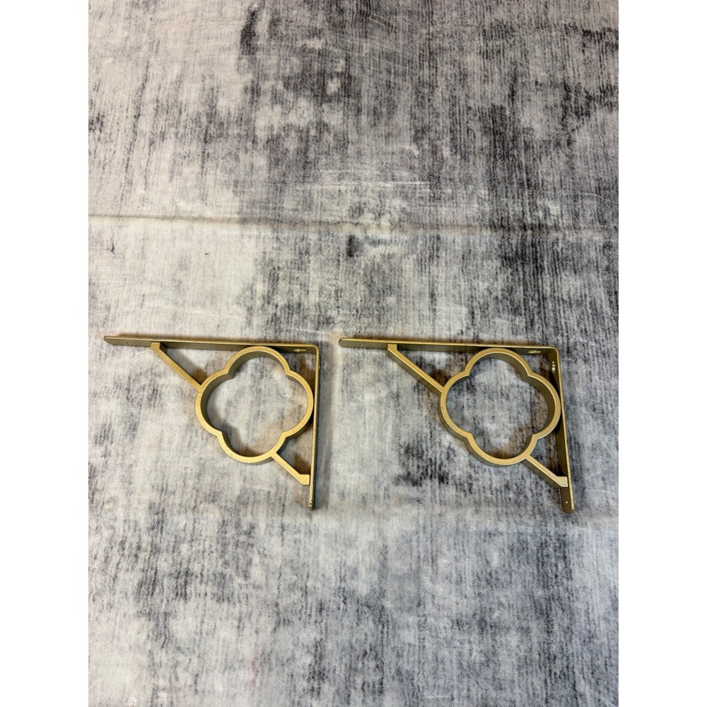 Gold Metal Quatrefoil Decorative Shelf Brackets Pair 7x9 Hollywood Regency Style
